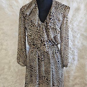 Top Shop Women's Brown Leopard Print Chiffon Raffle V-Neck Dress Size 6